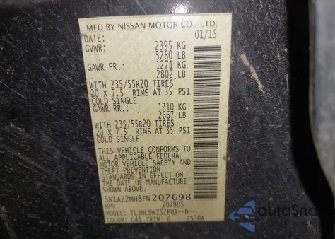 2015 Nissan Murano Platinum from USA, damaged, VIN 5N1AZ2MH8FN207698